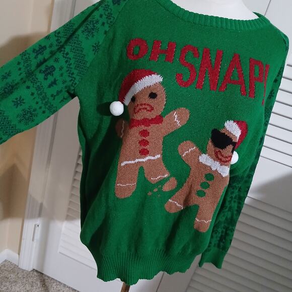 Ugly Christmas Sweater Large Men's OH SNAP Gingerbread Men Green/Red Easy Care - Picture 2 of 11